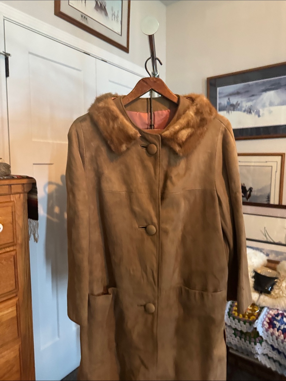 Classic brown Suede Trench Coat with Faux Fur Collar